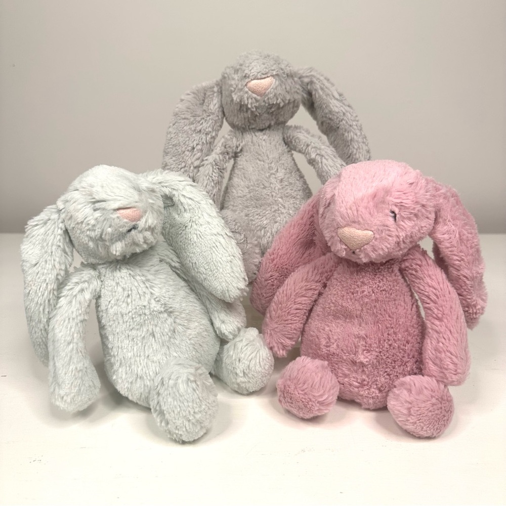 Lot Of 3 Jellycat Retired Bashful Bunny 8” Stuffed Animal Rabbits Gray Mint Pink